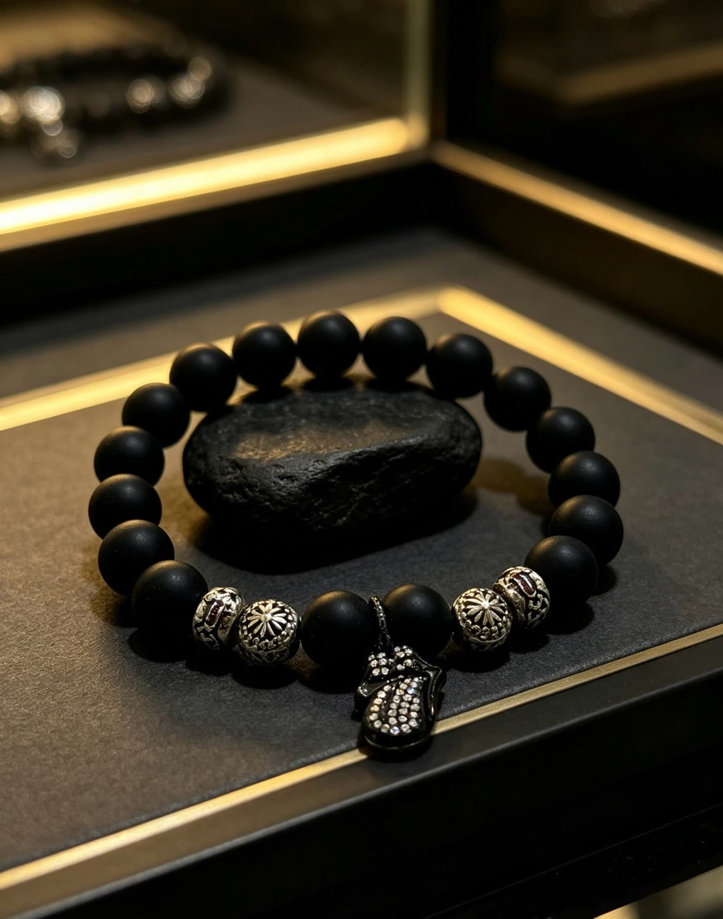Chrome Hearts Black Beaded Bracelet with Silver Charms
